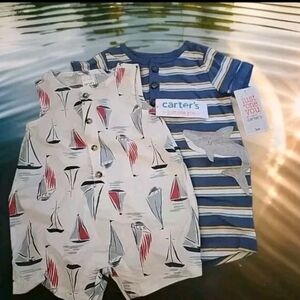 0-3 Months LOT OF 2 Carter's One Piece Outfits Sailboat Shark Short Sleeve Blue